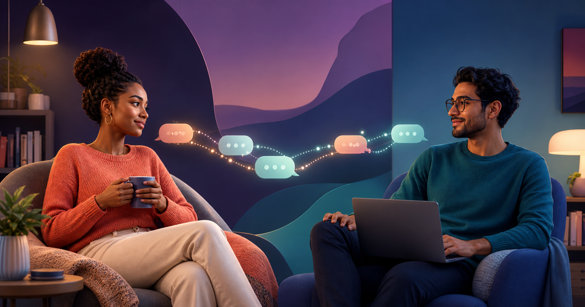 Two people having a calm, balanced online conversation from separate spaces